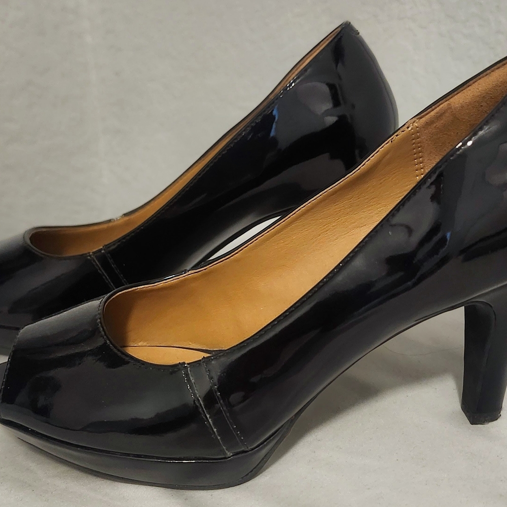 Clarks Women's Black Patent Peep-Toe Heels